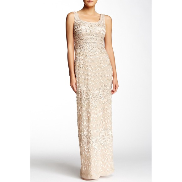 Sue Wong Nocturne Beaded Gown Sleeveless Maxi Dress Formal Beige Size 12